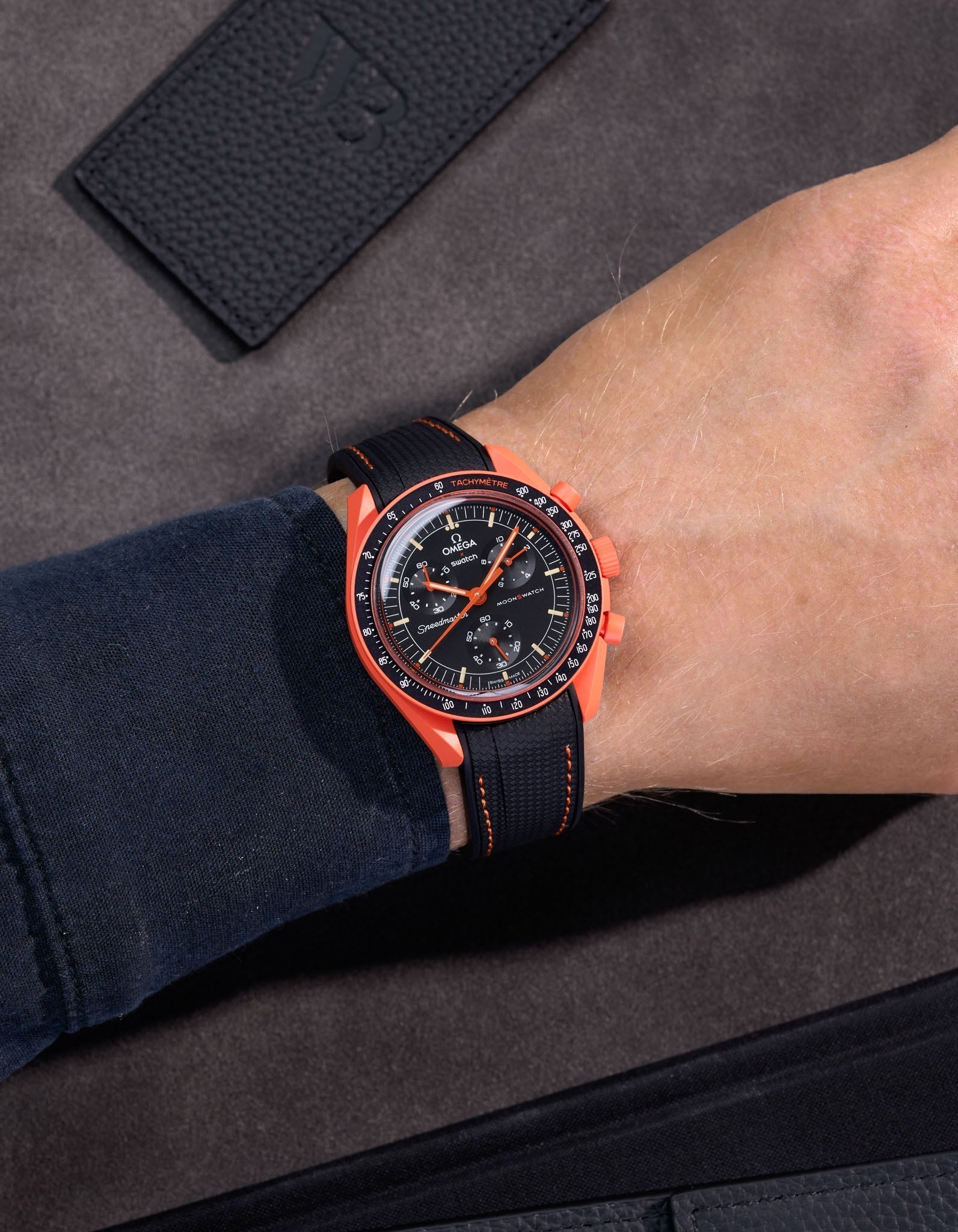 Curved Vertech Rubber Strap - Black & Orange Stitches