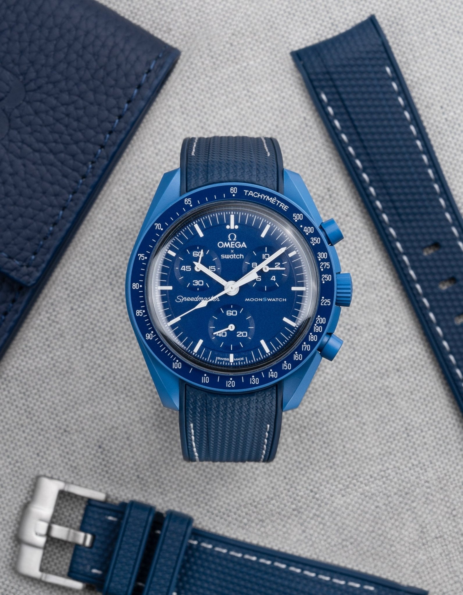 Curved Vertech Rubber Strap - Blue & White Stitches