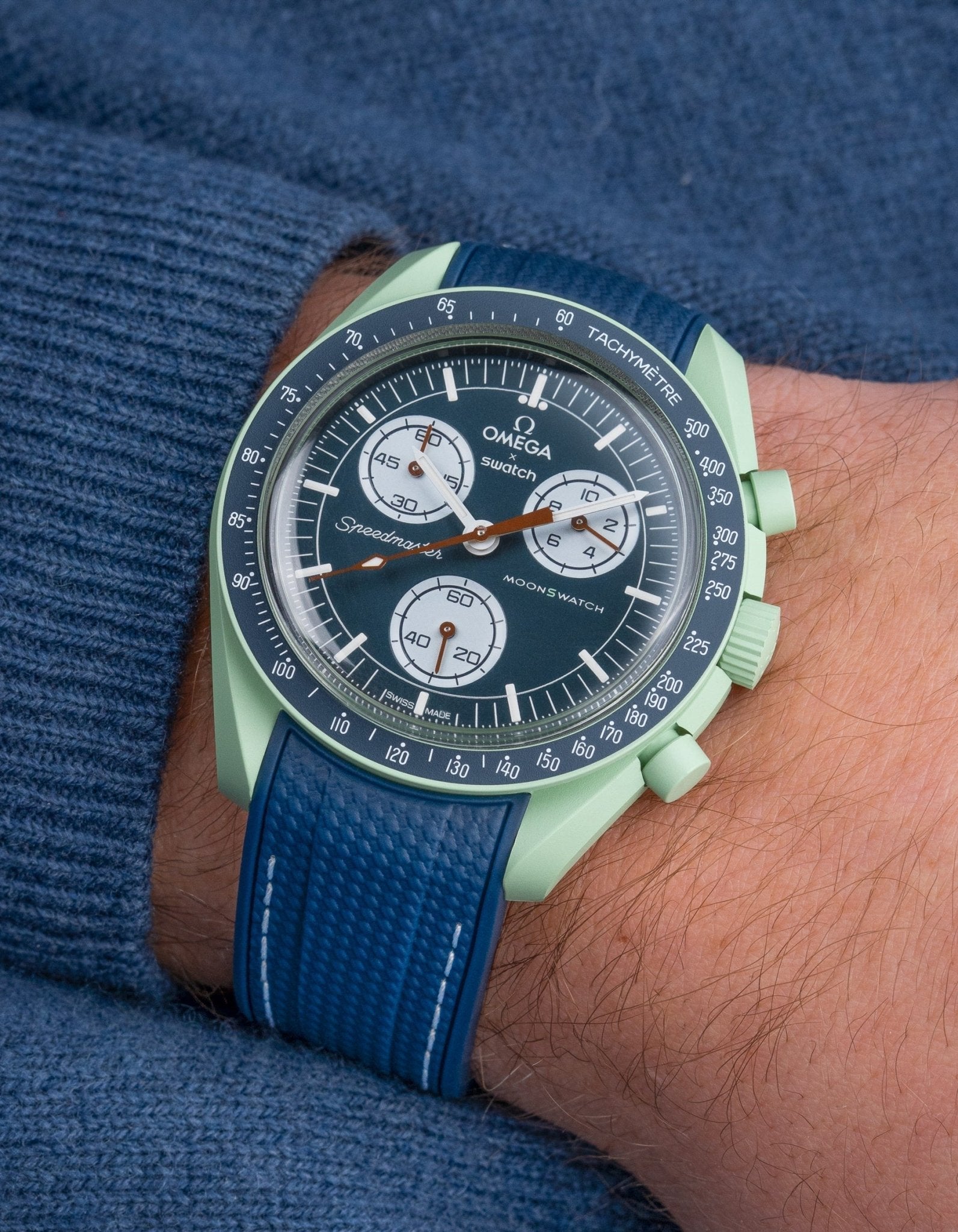 Curved Vertech Rubber Strap - Blue & White Stitches