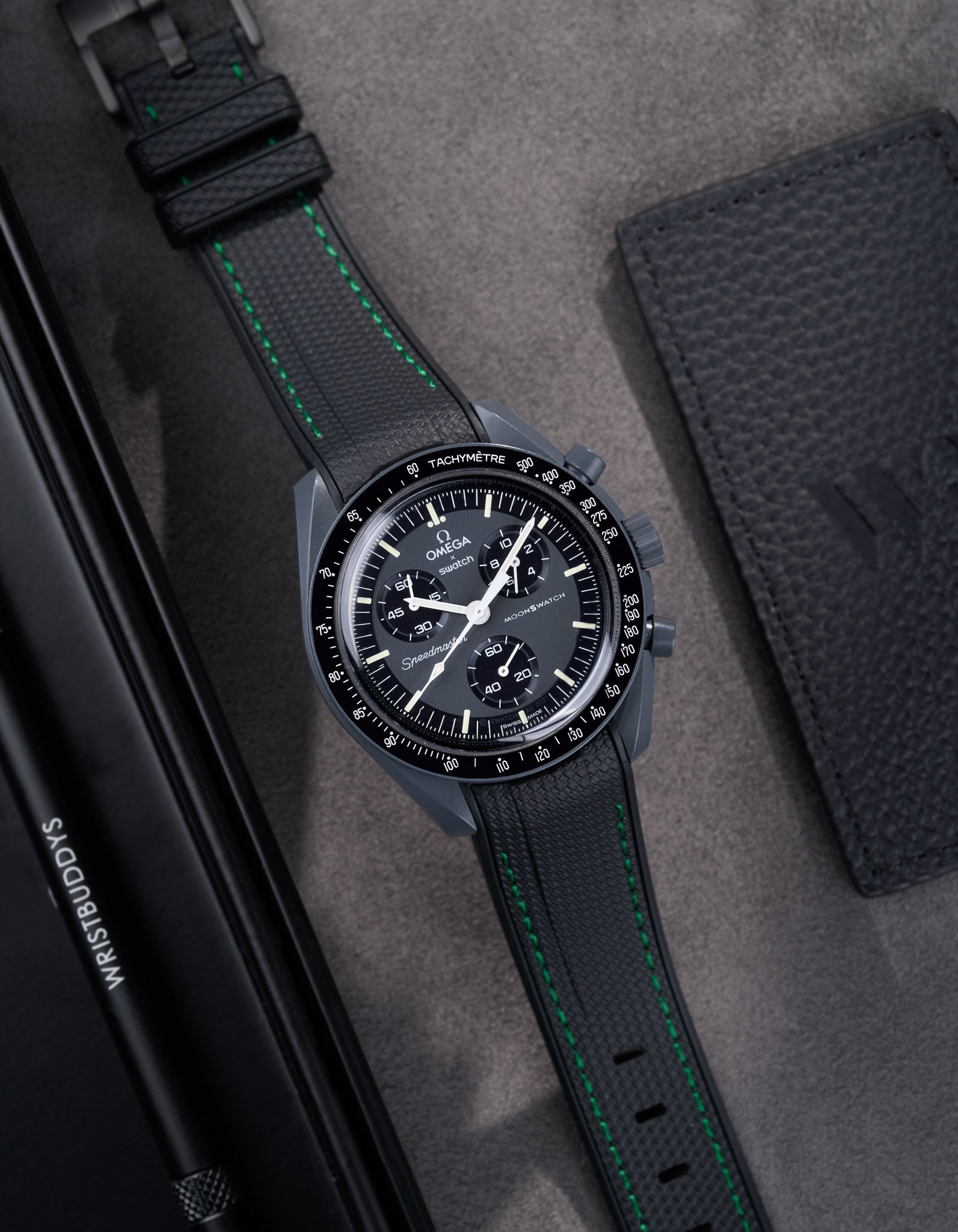 Curved Vertech Rubber Strap - Black &amp; Green Stitches