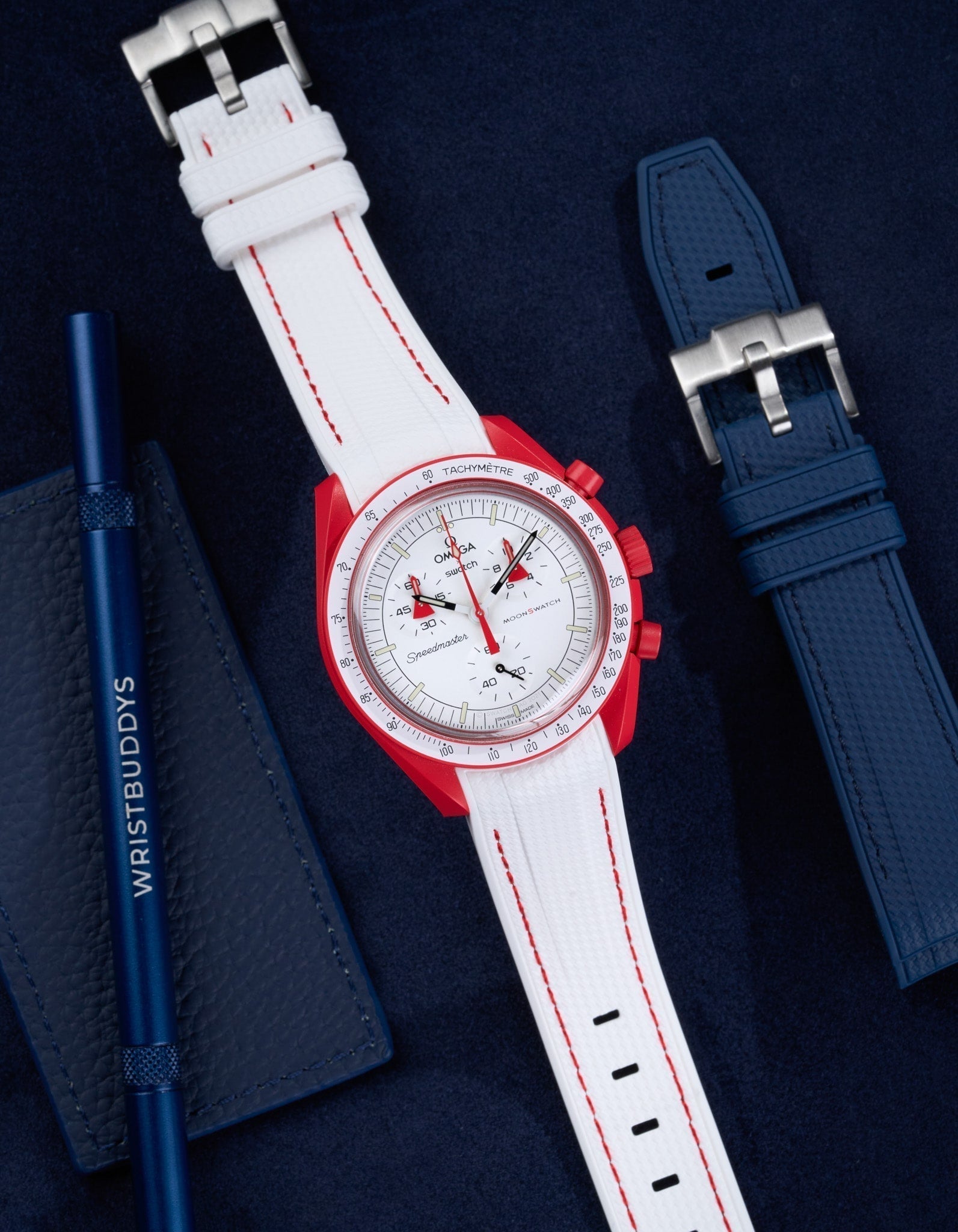 Curved Vertech Rubber Strap - White &amp; Red Stitches