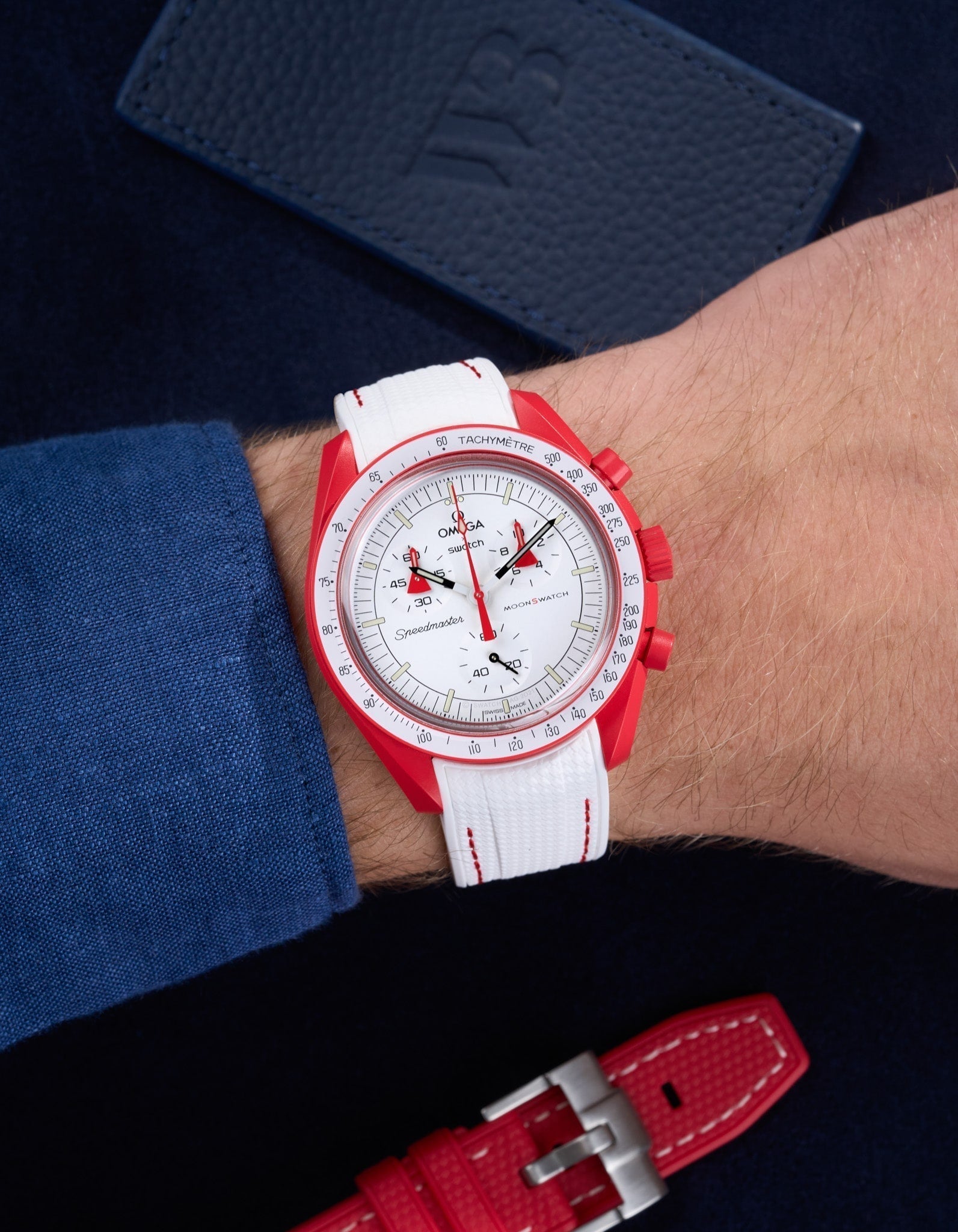 Curved Vertech Rubber Strap - White &amp; Red Stitches