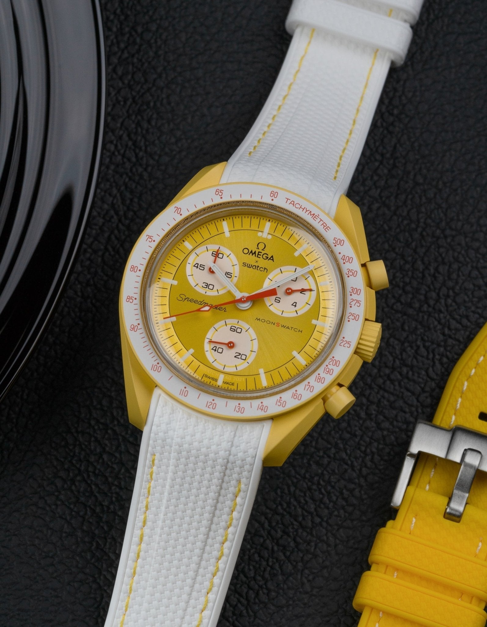 Curved Vertech Rubber Strap - White &amp; Yellow Stitches